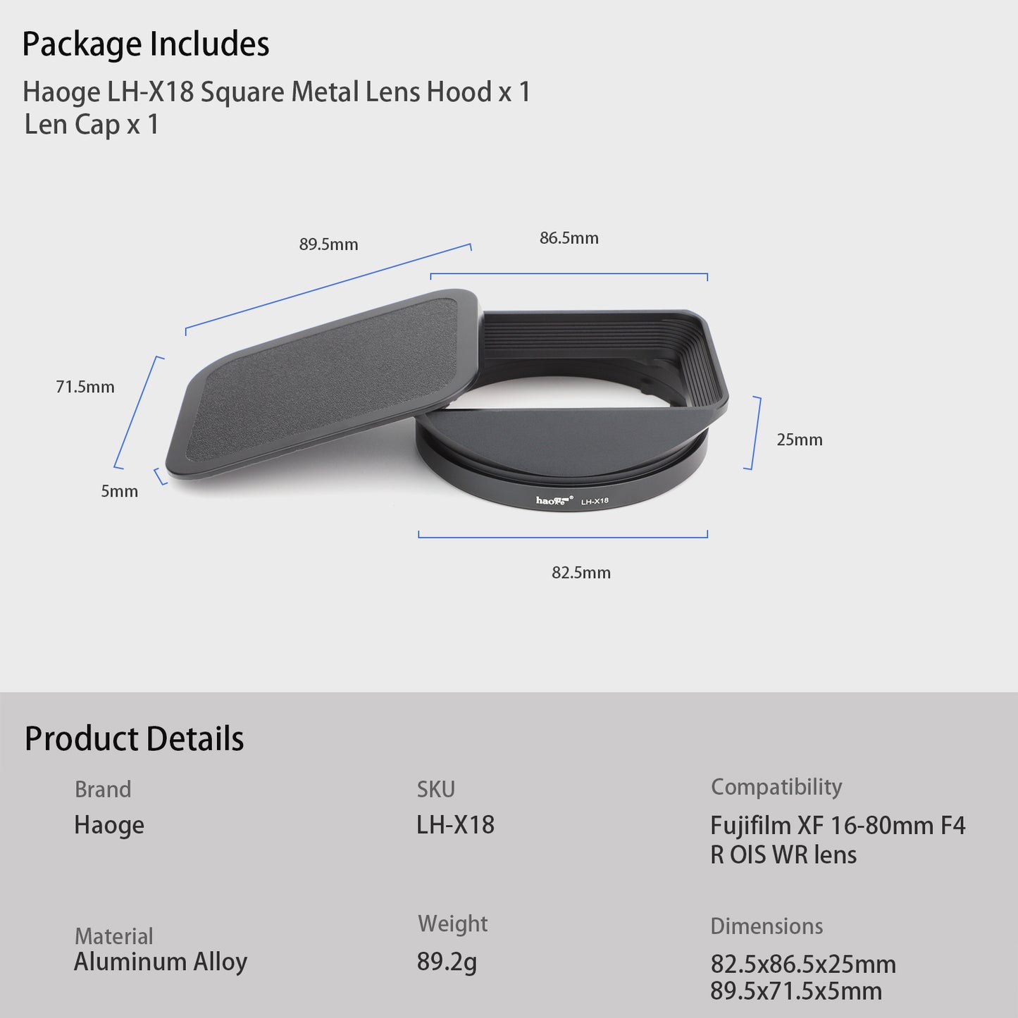 Haoge Square Metal Lens Hood Shade with Cap for Fujifilm Fuji Fujinon XF16-55mm F2.8 R LM WR II Lens on X-Pro3 XT30II XT5 XT50 Camera