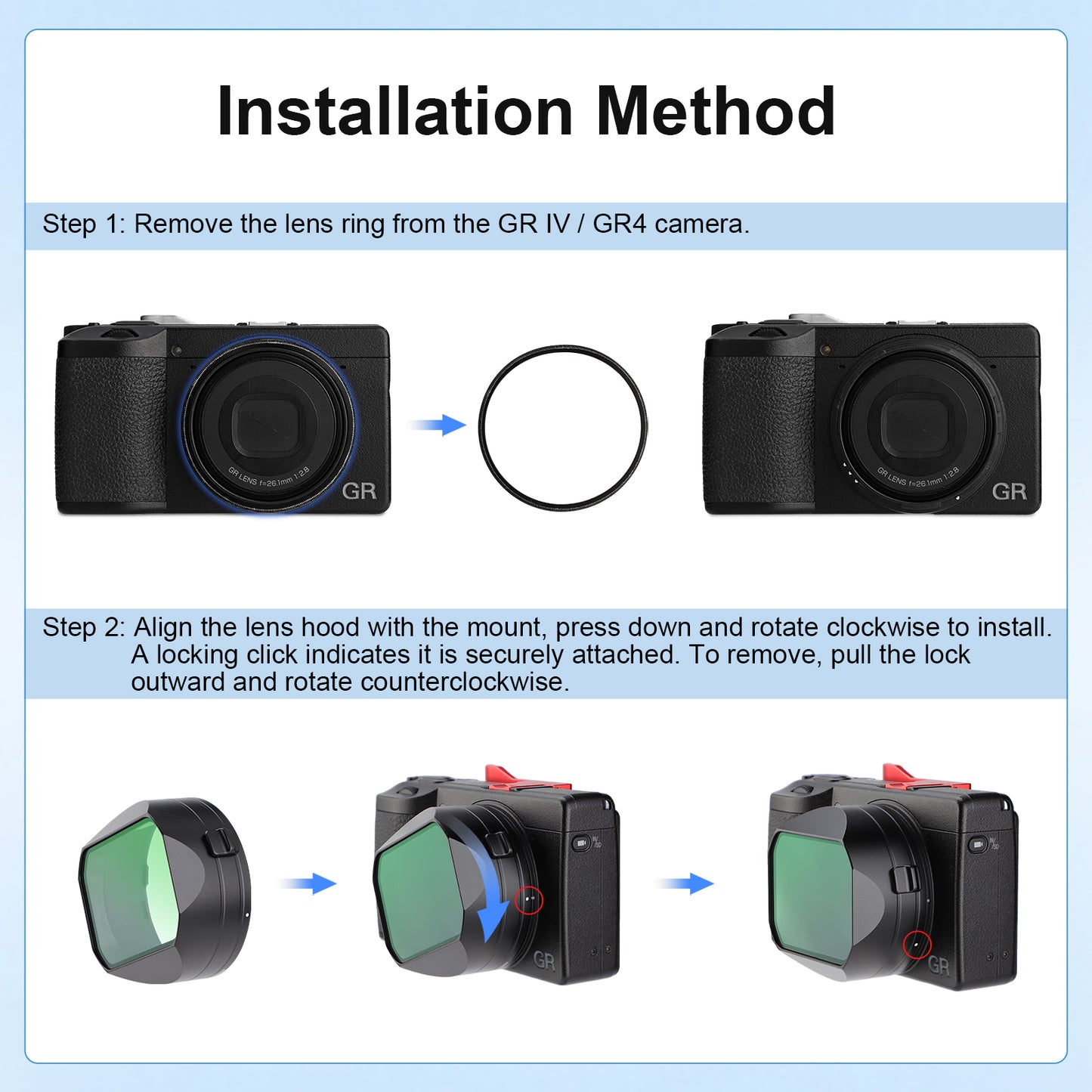 Haoge GR4 Metal Square Lens Hood & Built-in UV Filter for RICOH GR VI HDF Camera Lens Accessories Bayonet Mount, With Lock Button Design