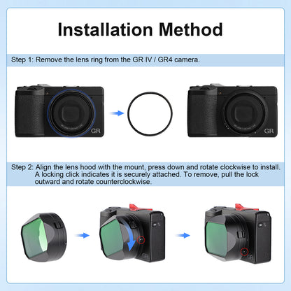 Haoge GR4 Metal Square Lens Hood & Built-in UV Filter for RICOH GR VI HDF Camera Lens Accessories Bayonet Mount, With Lock Button Design