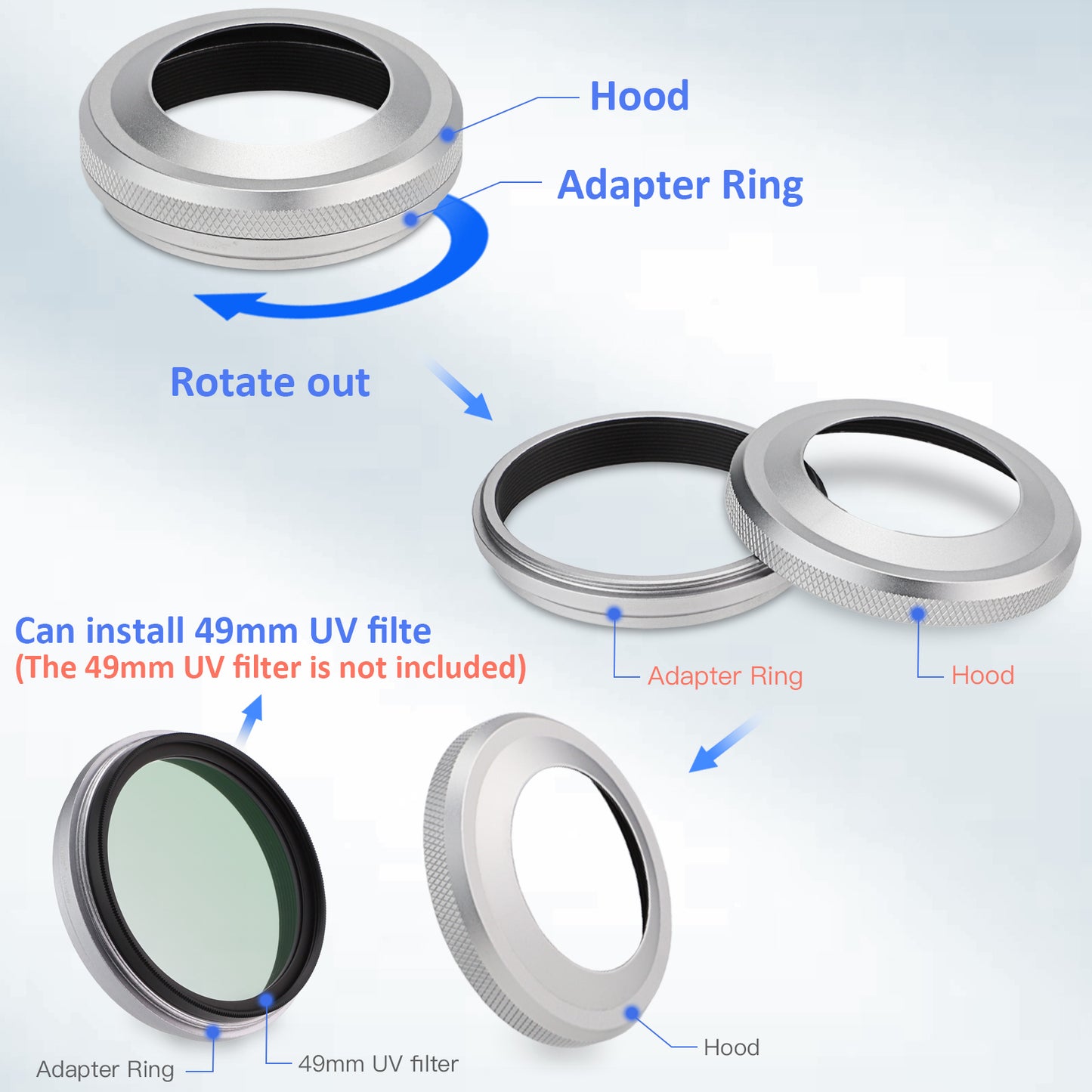 Haoge 2in1 All Metal Ultra-Thin Lens Hood with Adapter Ring Set for Fujifilm Fuji X100VI X100V Camera Silver LH-X51W