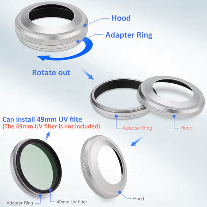 Haoge 2in1 All Metal Ultra-Thin Lens Hood with Adapter Ring Set for Fujifilm Fuji X100VI X100V Camera Silver LH-X51W