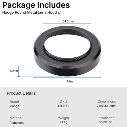Haoge Metal Lens Hood for Nikon NIKKOR Z 40mm f/2, Z 28mm f/2.8, Z 28mm f/2.8 (SE) ,Z 26mm f2.8,Z DX MC 35mm f1.7 Lens, Screw Hood, Compatible with 52mm UV Filters and 52mm Lens Cap