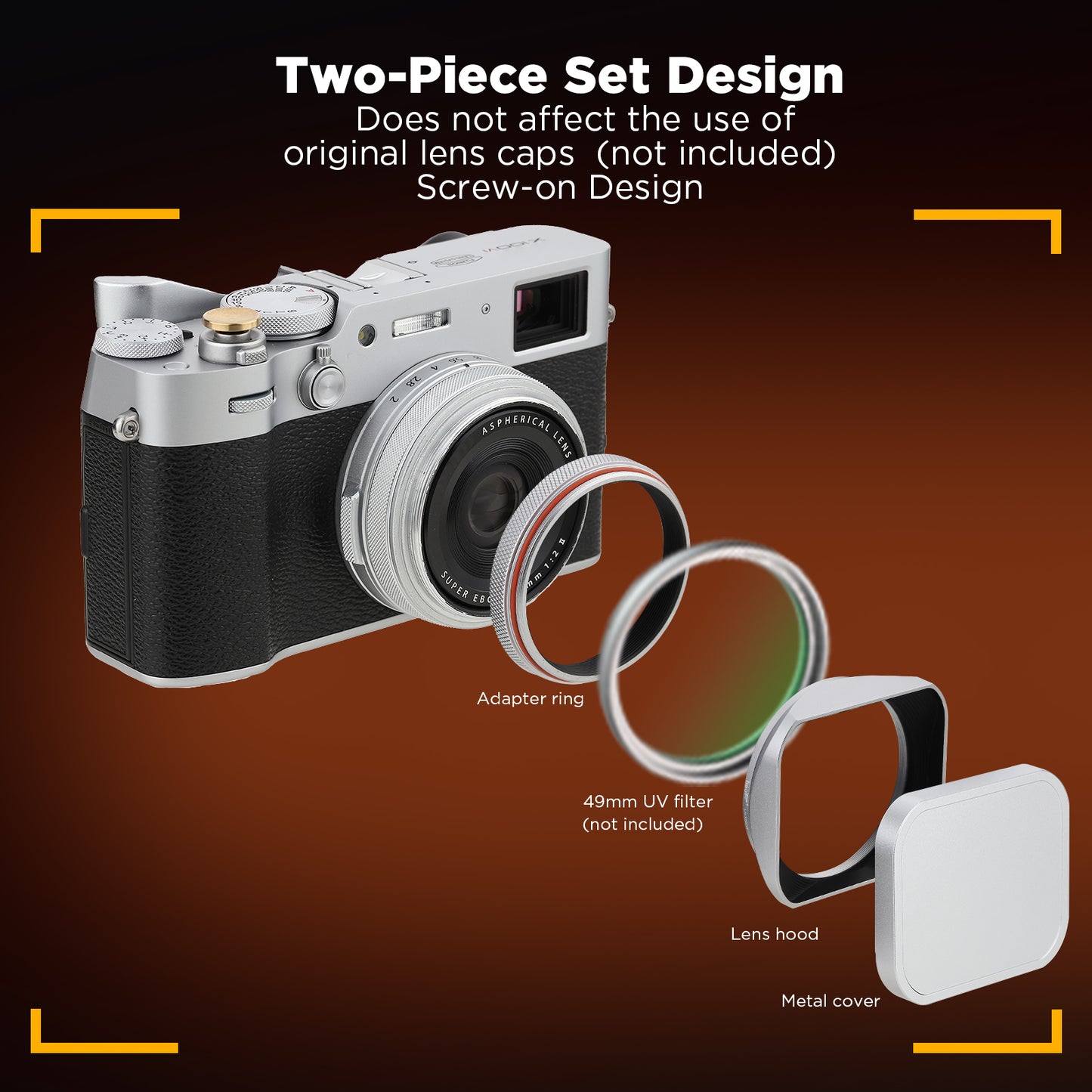 Haoge LH-X200B スクエアメタルレンズフード 49mmアダプターリング付き Fujifilm X100VI Fuji x100vi X100V X100F X100T X100S X100 X70 Fuji写真カメラアクセサリー ブラック