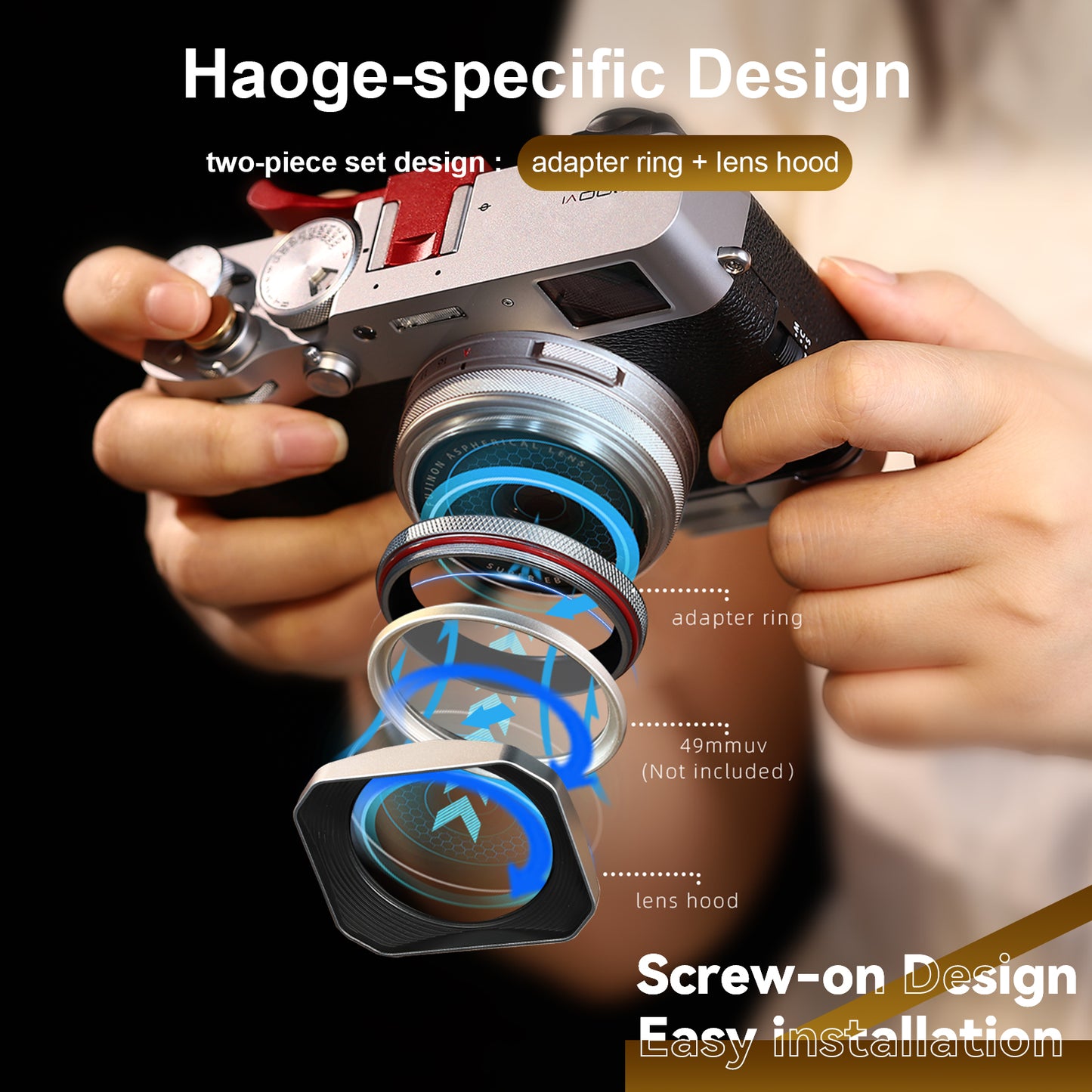 Haoge new version Square Metal Lens Hood for Fujifilm X100VI Fuji X100V X100F X100T X100S X70 Fuji Photo Camera Accessories with 49mm UV Filter Adapter Ring LH-X1006S Silver
