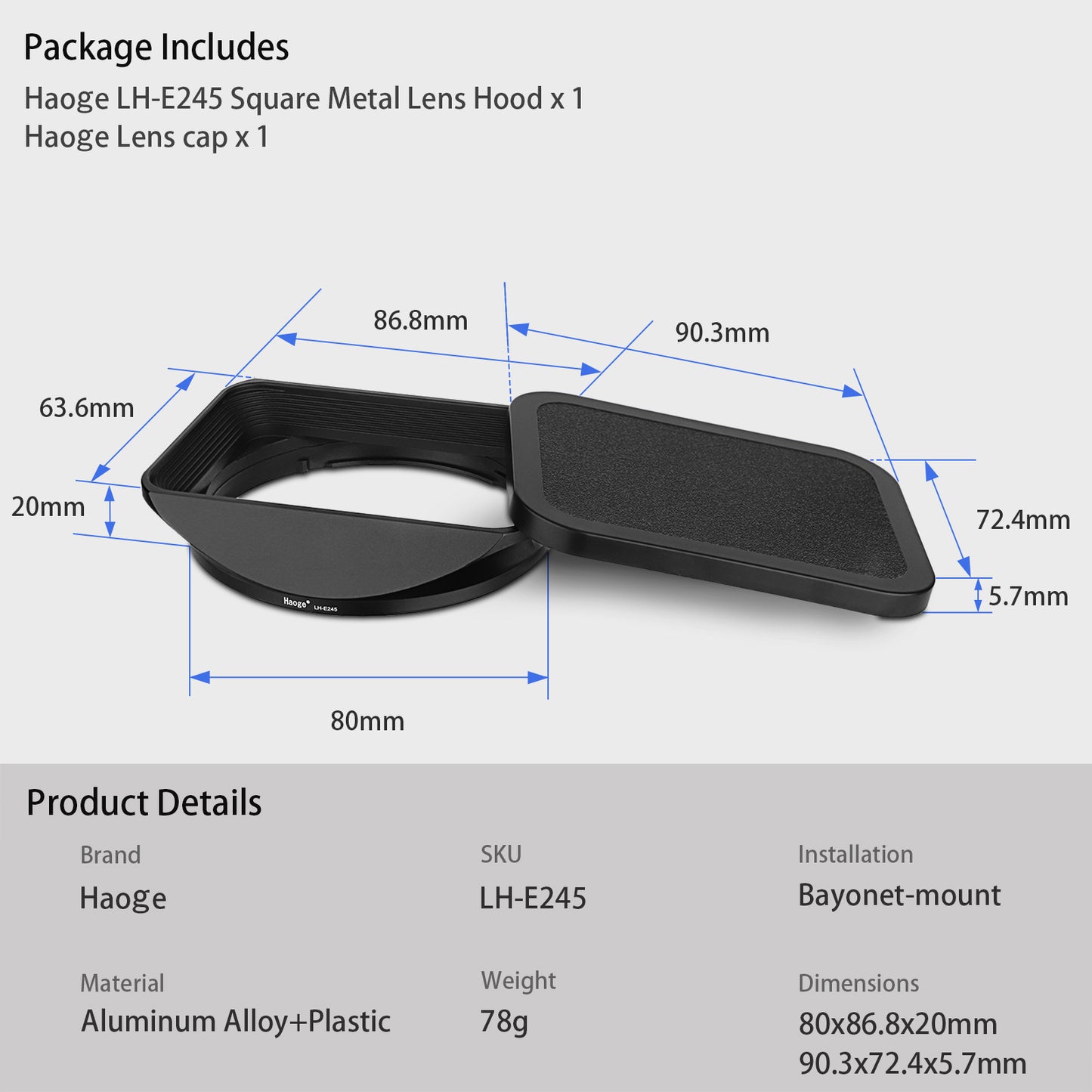 Haoge LH-E245 Bayonet Square Metal Lens Hood Shade with Cap for Sony FE 24-50mm F2.8 G SEL2450G Lens