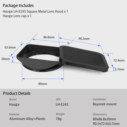 Haoge LH-E245 Bayonet Square Metal Lens Hood Shade with Cap for Sony FE 24-50mm F2.8 G SEL2450G Lens