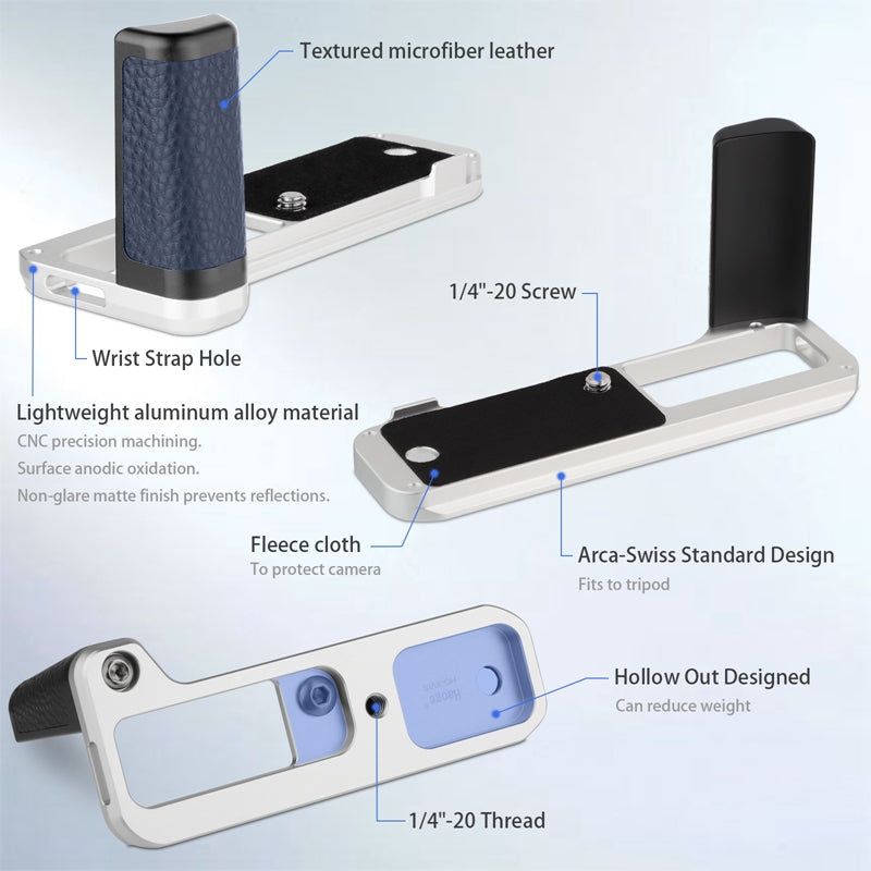 Haoge HG-XVIS Quick Release Plate Camera Bracket Holder Hand Grip for Fujifilm Fuji X100VI Camera Silver fit Arca Swiss Sunwayfoto Kirk RRS Benro