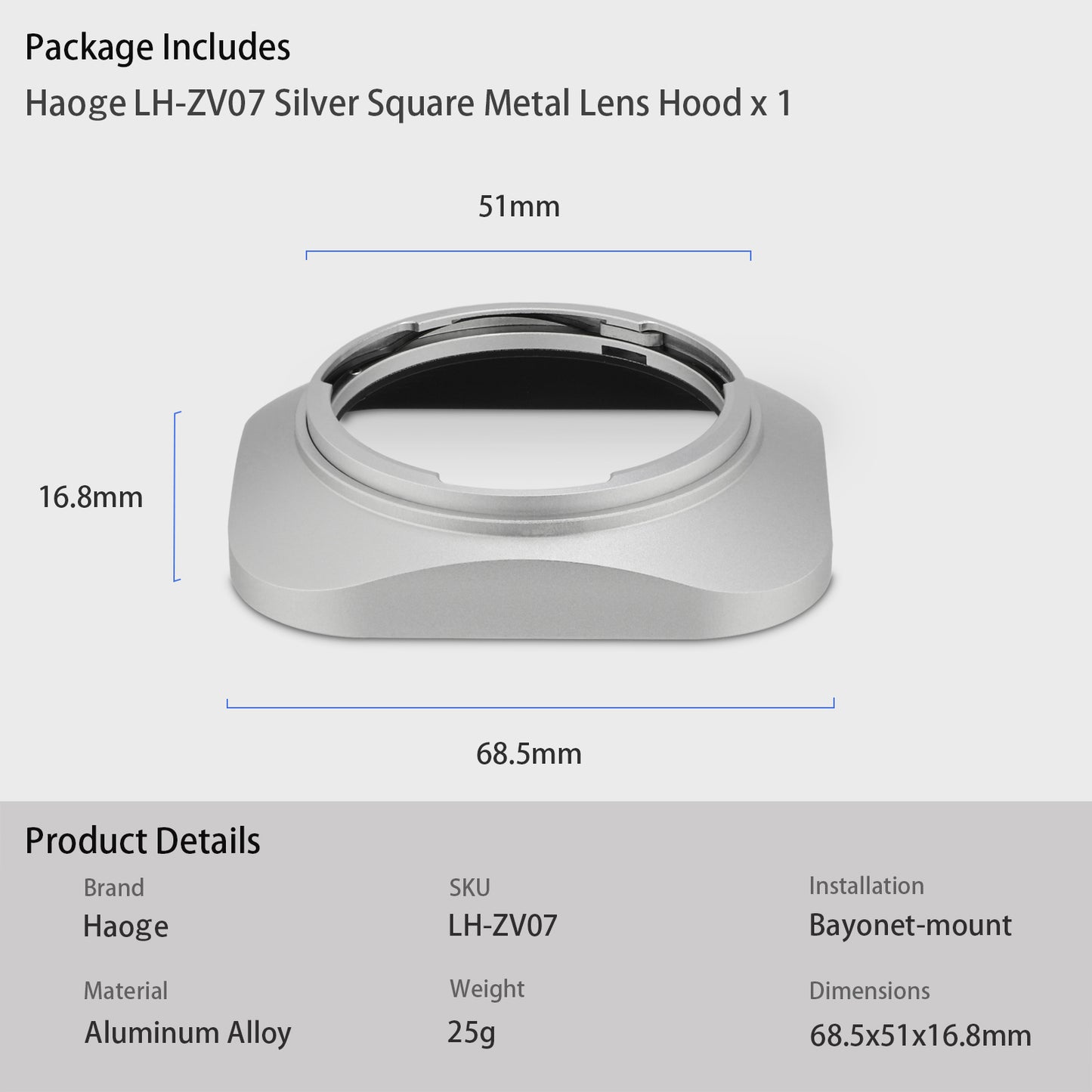 Haoge LH-ZV07 Square Metal Lens Hood for Carl Zeiss Biogon T* 2/35 35mm f2 ZM, C Biogon 2.8/35 35mm f2.8 ZM, Planar T 2/50 50mm f2 ZM; Voigtlander NOKTON CLASSIC 35mm f1.4 I＆II VM, 40mm f1.4 VM;50mm f/1.5 Aspherical II VM Lens silver