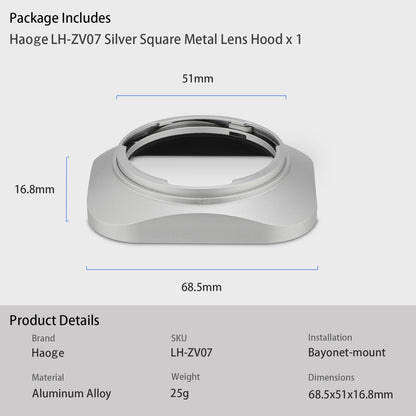 Haoge LH-ZV07 Square Metal Lens Hood for Carl Zeiss Biogon T* 2/35 35mm f2 ZM, C Biogon 2.8/35 35mm f2.8 ZM, Planar T 2/50 50mm f2 ZM; Voigtlander NOKTON CLASSIC 35mm f1.4 I＆II VM, 40mm f1.4 VM;50mm f/1.5 Aspherical II VM Lens silver