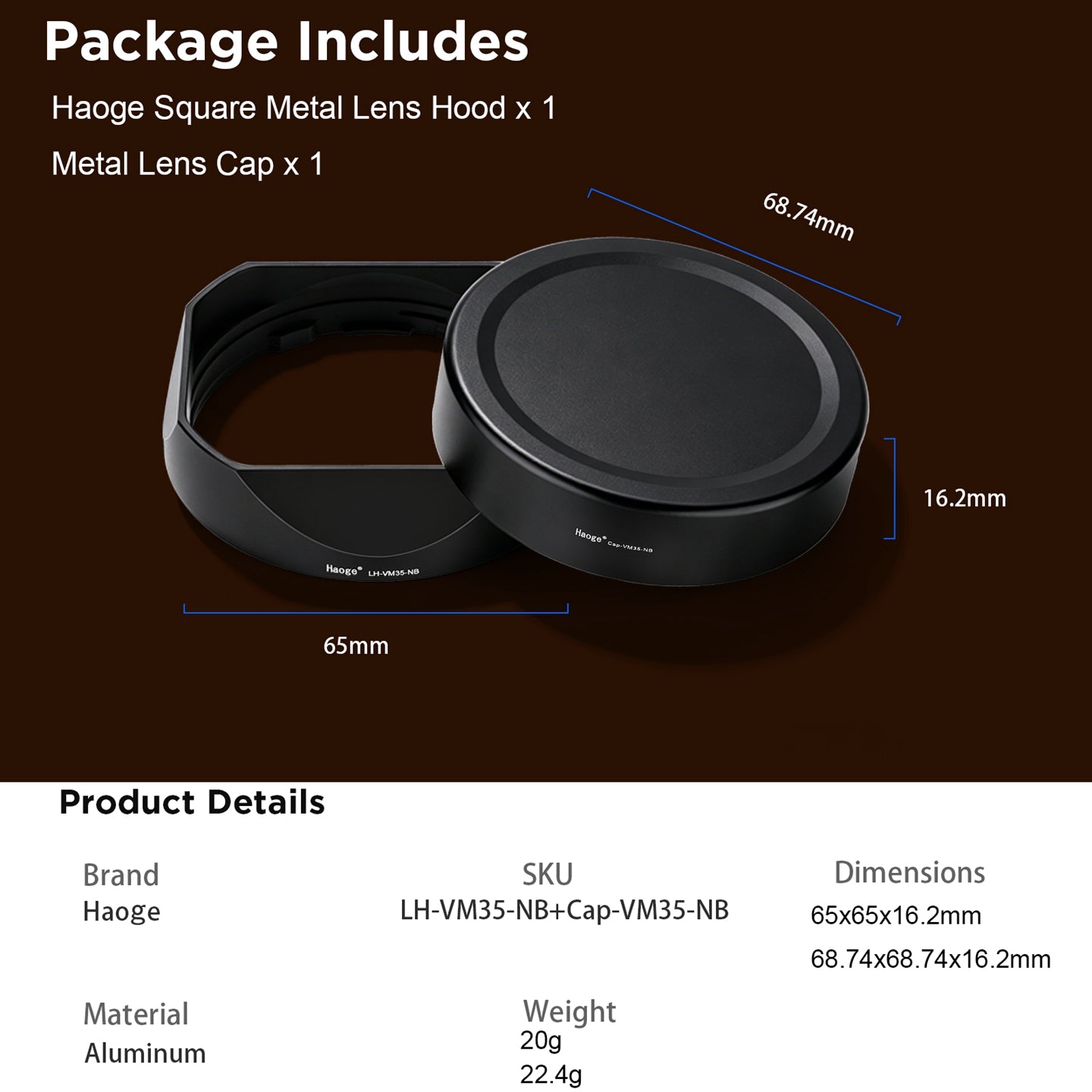 Haoge New version Metal Square Lens Hood Shade for Voigtlander Nokton Aspherical ASPH 40mm f/1.2 VM , 35mm f1.2 II/III VM , 50mm f1.2 VM Leica M Lens replaces LH-8 Black LH-VM35-NB