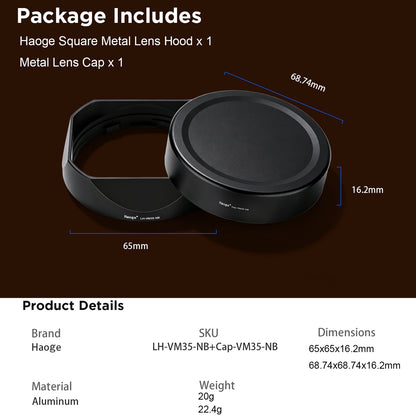 Haoge New version Metal Square Lens Hood Shade for Voigtlander Nokton Aspherical ASPH 40mm f/1.2 VM , 35mm f1.2 II/III VM , 50mm f1.2 VM Leica M Lens replaces LH-8 Black LH-VM35-NB