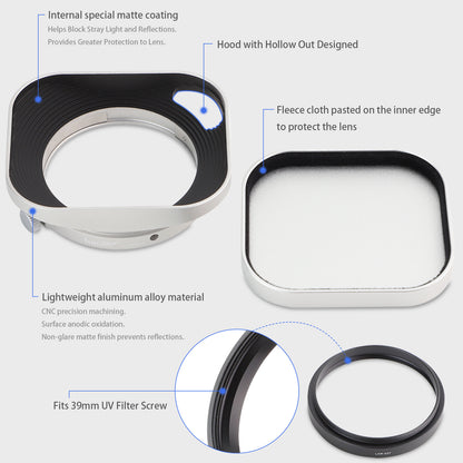 Haoge Lens Hood Metal Squaret for Fujifilm XF 23mm F2.8 R WR Lens Hood Silver ,With Metal Cap on Fuji X-E5 Camera