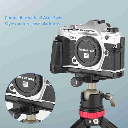 Haoge HG-OM5 Camera Bracket Holder Hand Grip for OM SYSTEM OM-5 fit Arca Swiss Kirk RRS Benro Quick Release Plate