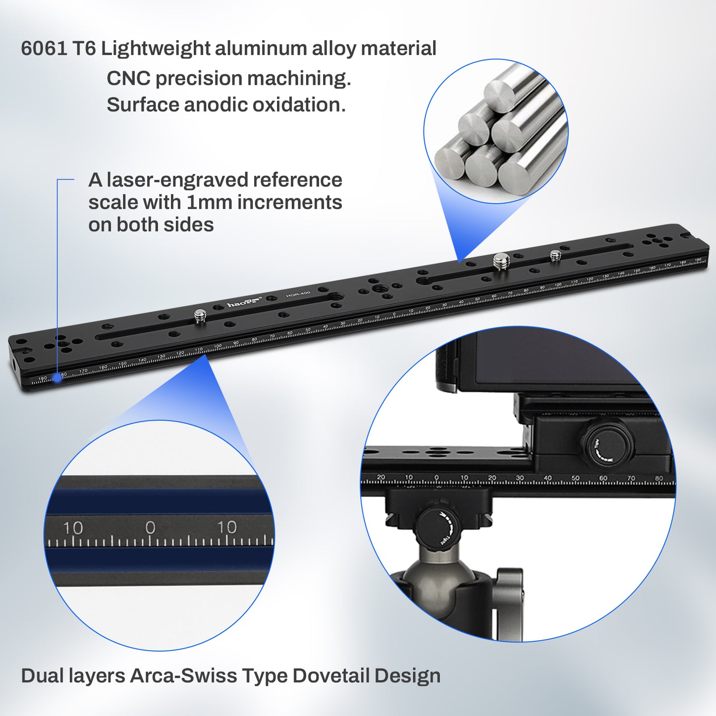 Haoge HQR-400 400mm Multi-purpose Dual Dovetail Long Quick Release Extender Rail Sliding Plate for Camera Tripod Ballhead Clamp fit Benro Arca Swiss Sunwayfoto