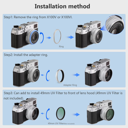 Haoge Lens Filter Adapter Ring for Fujifilm X100VI Fuji FinePix X100V Camera fit 49mm UV CPL ND Filter Lens Cap Replace Fujifilm AR-X100 Silver
