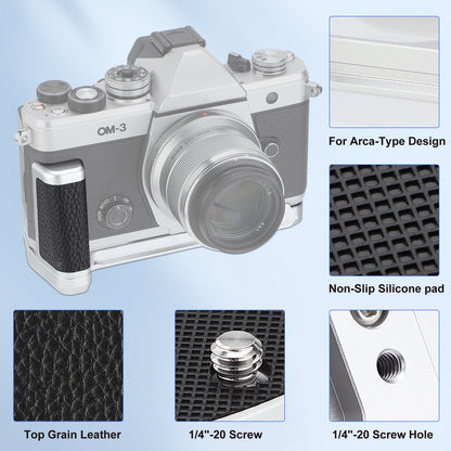 Haoge Camera Bracket Holder Hand Grip for OM SYSTEM OM-3 Camera fit Arca Swiss Kirk RRS Benro Quick Release Plate Silver HG-OM3-S