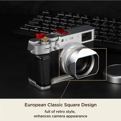 Haoge Square Metal Lens Hood for Fujifilm X100VI Fuji X100V X100F X100T X100S X70 Camera Silver with 49mm UV Filter Adapter Ring LH-XVI100S
