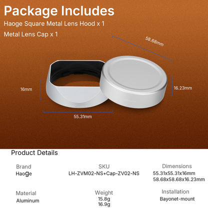 Haoge New Square Metal Lens Hood for Voigtlander Nokton 35mm f/1.4 II, 40mm f1.4 VM, 50mm f1.5 Aspherical II VM, 28mm f1.5,Carl Zeiss Biogon T* 2/35 35mm f2 ZM, C Biogon T* 2.8/35 35mm f2.8 ZM, Planar T* 2/50 50mm f2 ZM Lens with Metal Cap LH-ZV02-NS