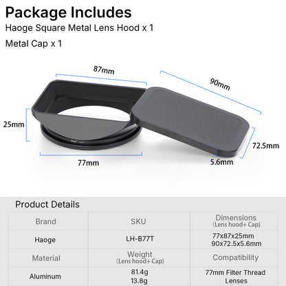 Haoge 77mm Square Metal Screw-in Mount Lens Hood Shade with Cap for 77mm Canon Nikon Sony Leica Leitz Carl Zeiss Voigtlander Nikkor Panasonic Fujifilm Olympus Lens and Other 77mm Filter Thread Lens