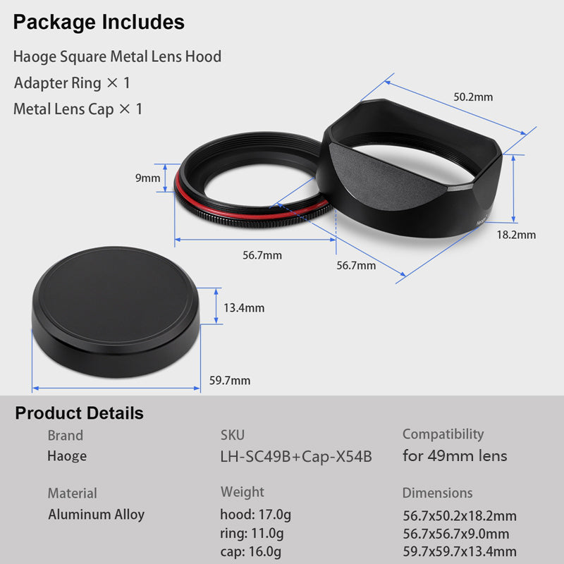 Haoge 49mm Square Metal Lens Hood for Voigtlander APO-LANTHAR 28mm F2 Aspherical for Leica VM and Sony E-mount Lens 28F2AA