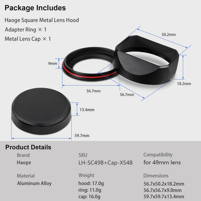 Haoge 49mm Square Metal Lens Hood for Voigtlander APO-LANTHAR 28mm F2 Aspherical for Leica VM and Sony E-mount Lens 28F2AA