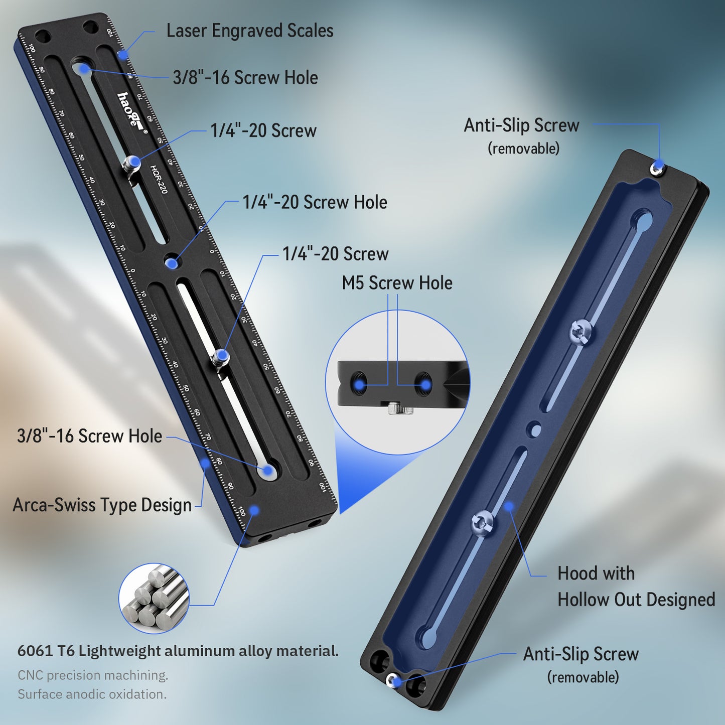 Haoge 220mm Multi-purpose Long Quick Release Extender Rail Sliding Plate for Camera Tripod Ballhead Clamp fit Benro Arca Swiss Sunwayfoto