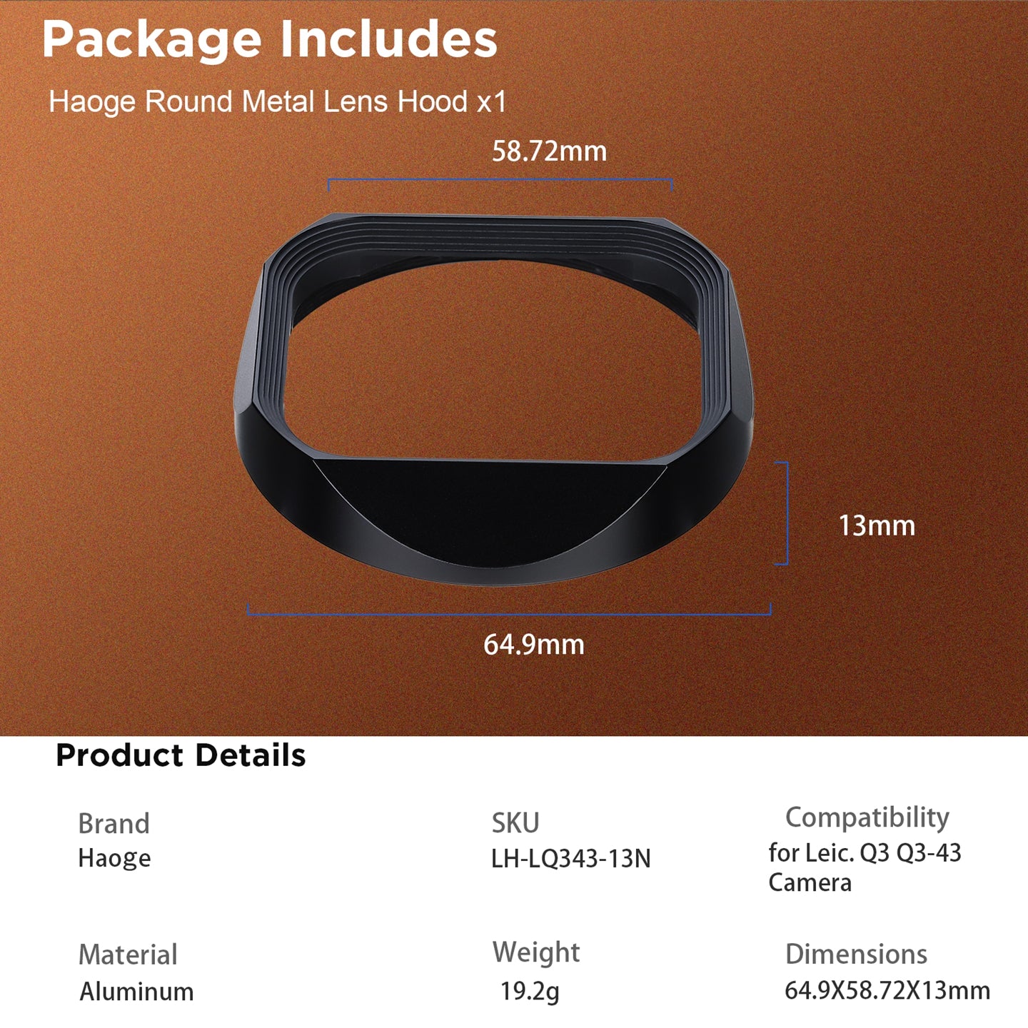 Haoge Metal Square Lens Hood for Leica Q3-28 Q2 Q QP TYP116 Camera Accessories Ultra Slim Screw-in Design 49mm UV Compatible LH-LQ343-13N