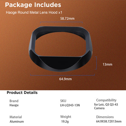 Haoge Metal Square Lens Hood for Leica Q3-28 Q2 Q QP TYP116 Camera Accessories Ultra Slim Screw-in Design 49mm UV Compatible LH-LQ343-13N
