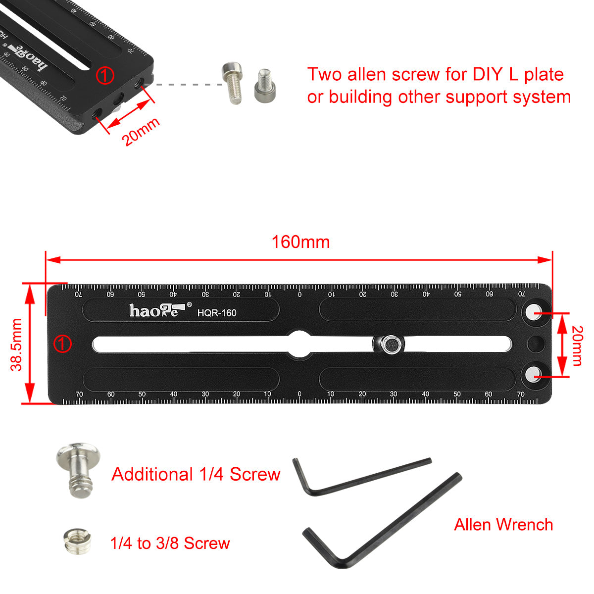 Haoge HQR-160 160mm Multi-Purpose Long Quick Release Extender Rail Sliding Plate for Camera Tripod Ballhead Clamp fit Benro Arca Swiss Sunwayfoto