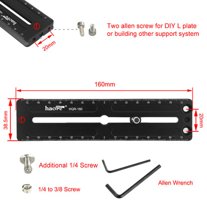 Haoge HQR-160 160mm Multi-Purpose Long Quick Release Extender Rail Sliding Plate for Camera Tripod Ballhead Clamp fit Benro Arca Swiss Sunwayfoto