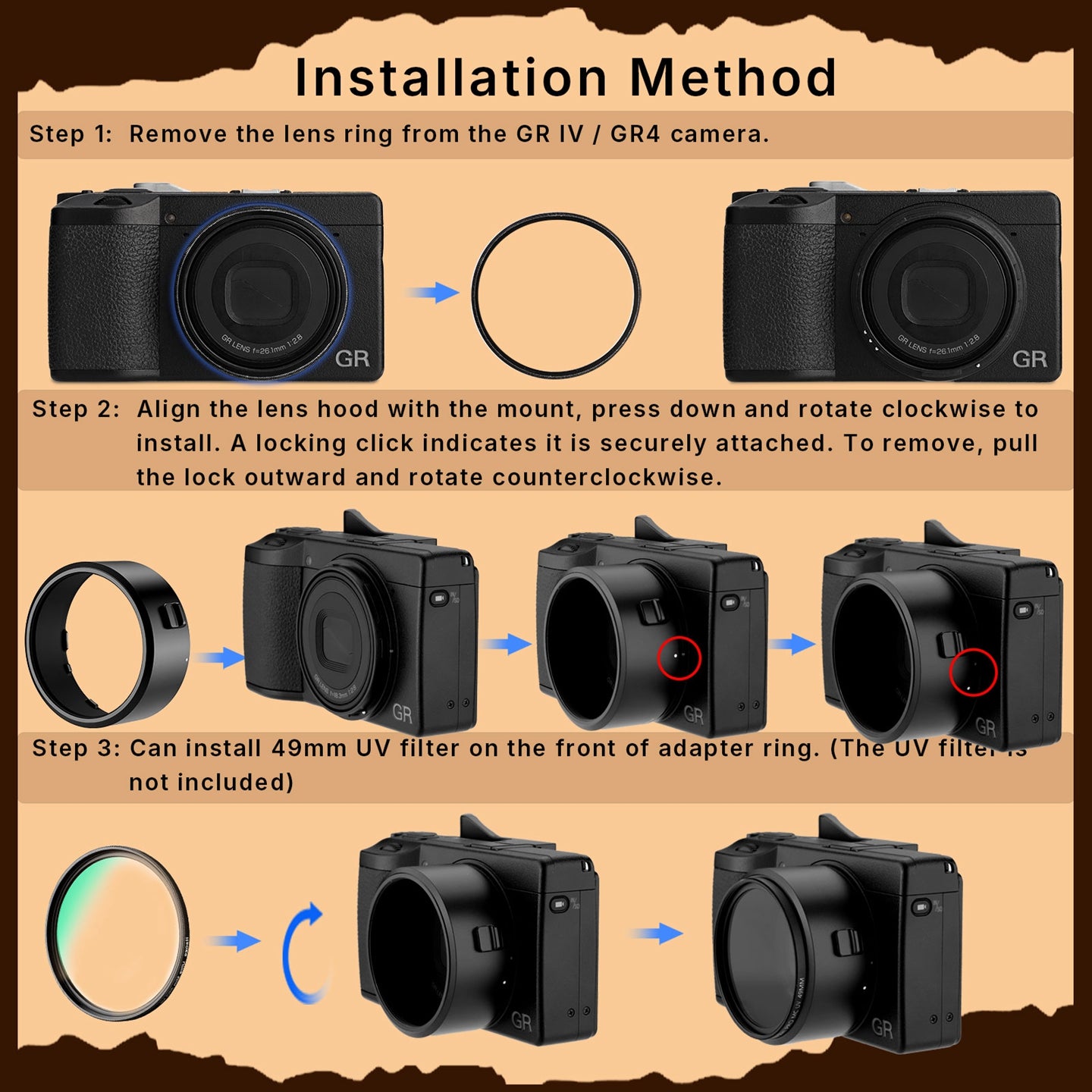 Haoge New 49mm UV CPL ND Filter Adapter Ring for RICOH GR4 GR IV HDF GR IV Monochrome Digital Compact Camera Lens for GT-2 GW4 Wide Conversion Lens replaces GA-3
