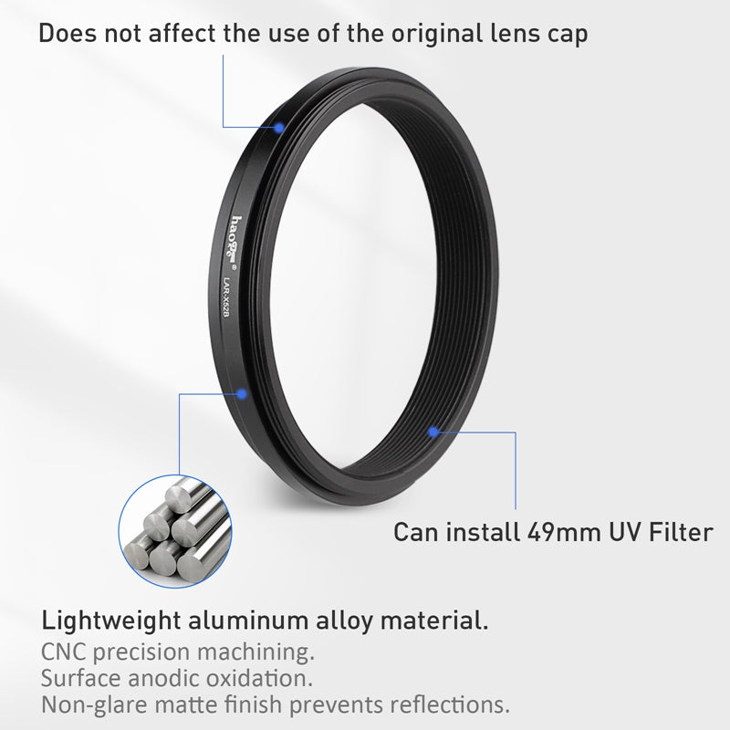 Anello Adattatore Haoge LAR-X100B Da 49mm Per Fuji X100/X100S/X100T/X100F E X70 – Per Filtri UV/CPL/ND E Copriobiettivo Originale