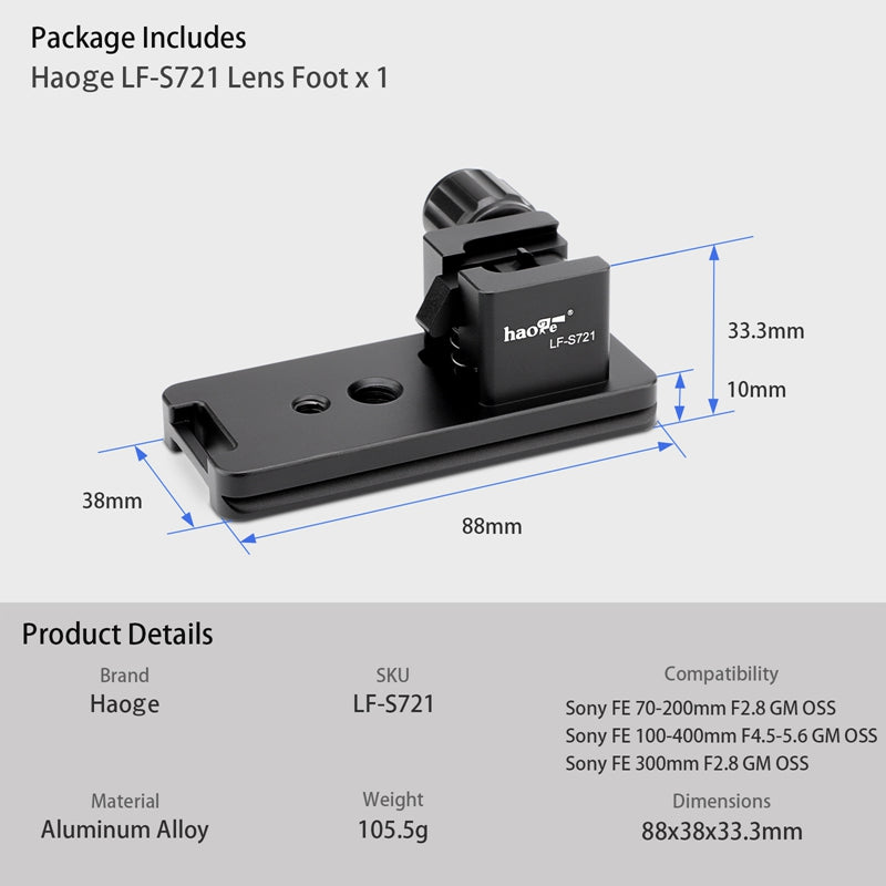 Haoge LF-S721 Lens Collar Replacement Foot Tripod Mount Ring for Sony FE 70-200mm F2.8 GM OSS SEL-70200GM and Sony FE 100-400mm F4.5-5.6 GM OSS SEL-100400GM Lens built-in Arca Type Quick Release Plate