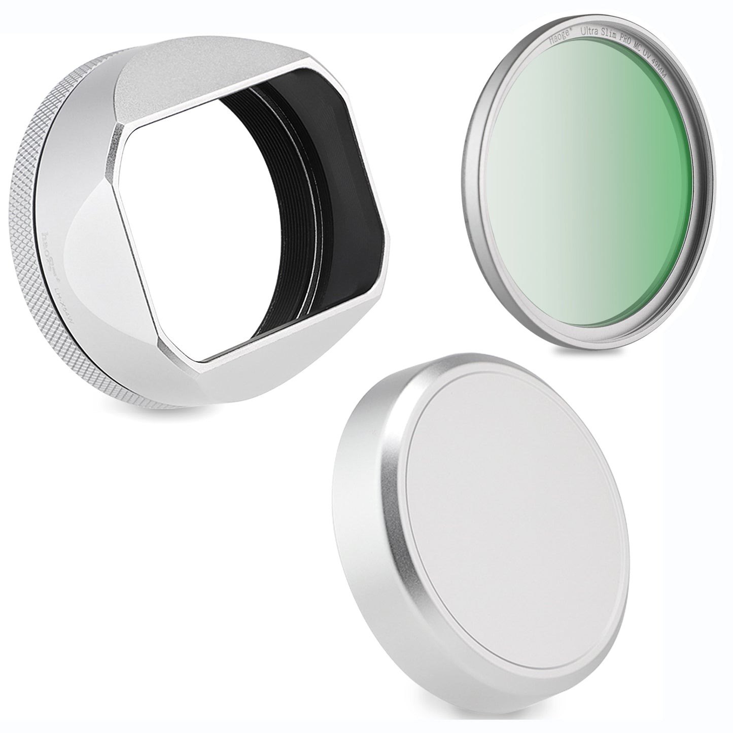 Haoge LH-X54W Square Metal Lens Hood with 49mm Adapter Ring for Fujifilm Fuji X100VI x100v Camera Silver