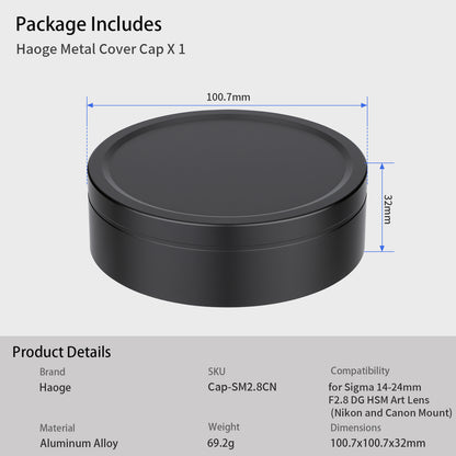 Haoge Cap-SM2.8CN Metal Lens Cap Cover for Sigma 14-24mm F2.8 DG HSM Art Lens (Nikon and Canon Mount)