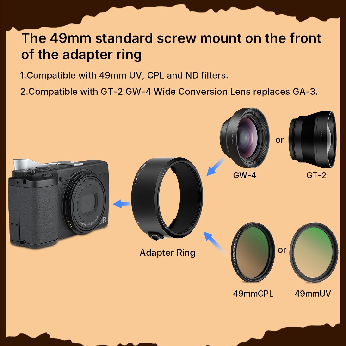 Haoge New 49mm UV CPL ND Filter Adapter Ring for RICOH GR4 GR IV HDF GR IV Monochrome Digital Compact Camera Lens for GT-2 GW4 Wide Conversion Lens replaces GA-3