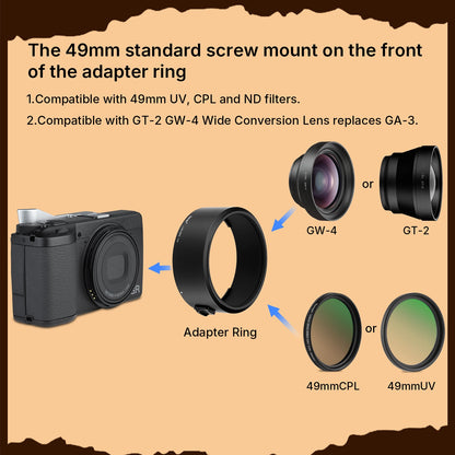 Haoge New 49mm UV CPL ND Filter Adapter Ring for RICOH GR4 GR IV HDF GR IV Monochrome Digital Compact Camera Lens for GT-2 GW4 Wide Conversion Lens replaces GA-3