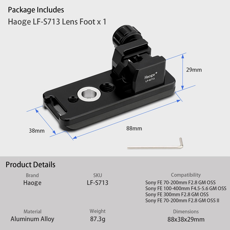 Haoge LF-S713 Lens Collar Replacement Foot for Sony FE 70-200mm F2.8 GM OSS and Sony FE 100-400mm F4.5-5.6 GM,FE 300mm F2.8 GM OSS Lens built-in Arca Type Quick Release Base Support Plate