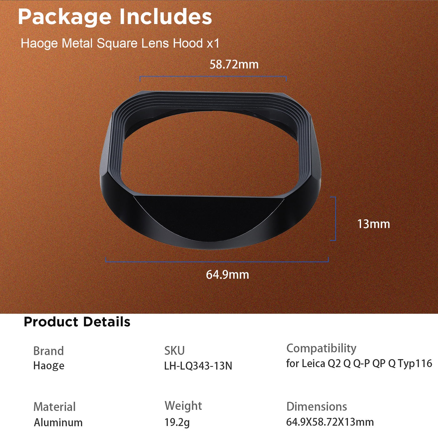 Haoge Metal Square Lens Hood for Leica Q343 Q3-28 Q2 Q QP TYP116 Camera Accessories Ultra Slim Screw-in Design 49mm UV Compatible