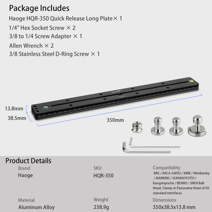 Haoge HQR-350 350mm Multi-purpose Dual Dovetail Long Quick Release Extender Rail Sliding Plate for Camera Tripod Ballhead Clamp fit Benro Arca Swiss Sunwayfoto