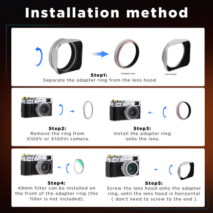 Haoge Square Metal Lens Hood  for Fujifilm X100VI Fuji X100V X100F X100T X100S X100 X70 with 49mm UV Filter Adapter Ring & Metal Cap Silver