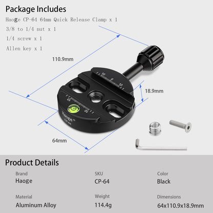 Haoge 64mm Screw Knob Clamp Adapter Mount for Quick Release QR Plate Camera Tripod Ballhead Monopod Ball Head Fit Arca Swiss