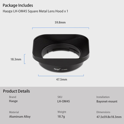 Haoge LH-OM45 Square Metal Lens Hood Shade for Olympus M. ZUIKO DIGITAL ED  45mm f/1.8 Lens 45/1.8