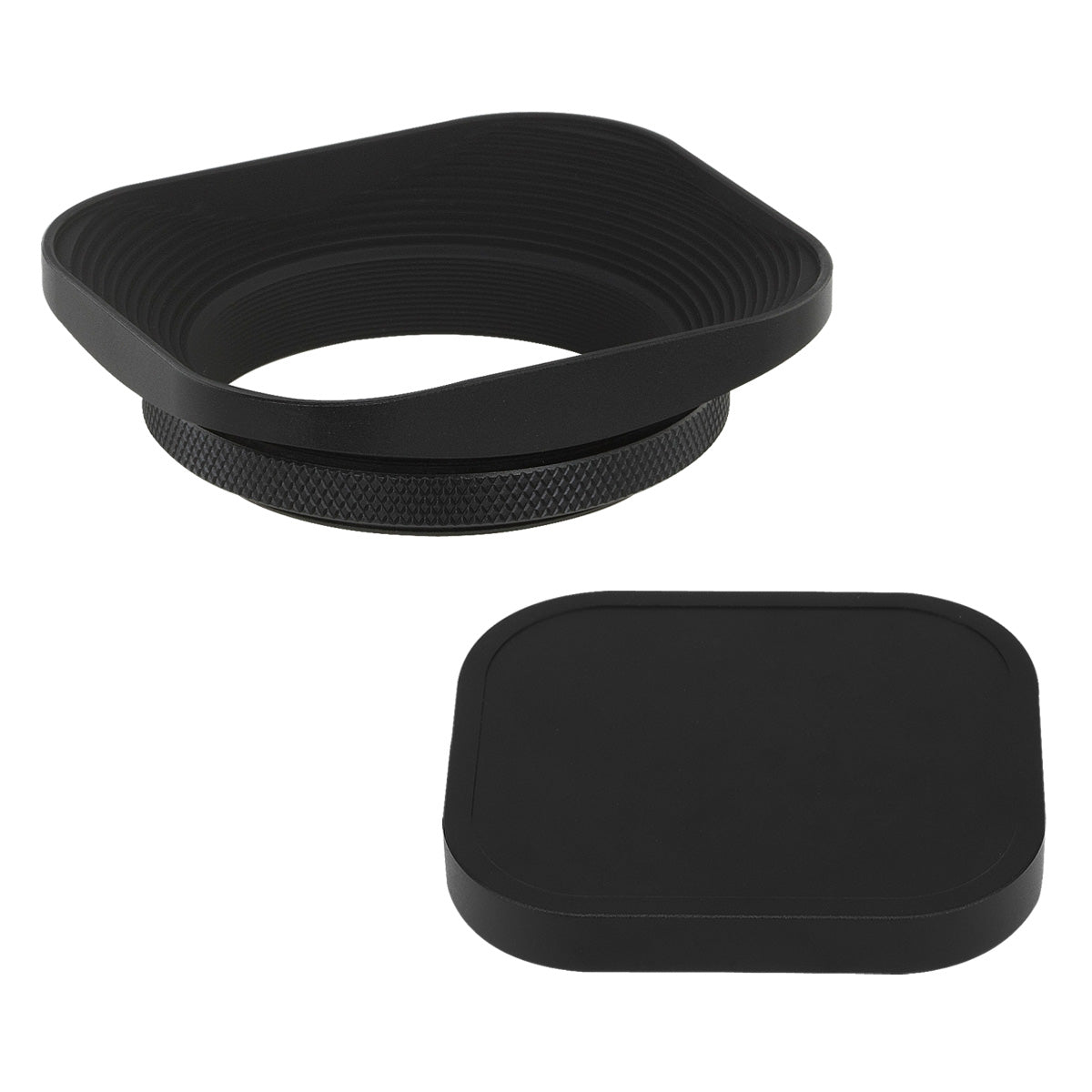 Haoge 49-mm-Vierkant-Gegenlichtblende aus Metall mit Schraubgewinde, Aussparungen und Kappe für Leica Q3, Q2 und Q Kameras mit 49-mm-Filtergewinde, Schwarz, LH-E2P