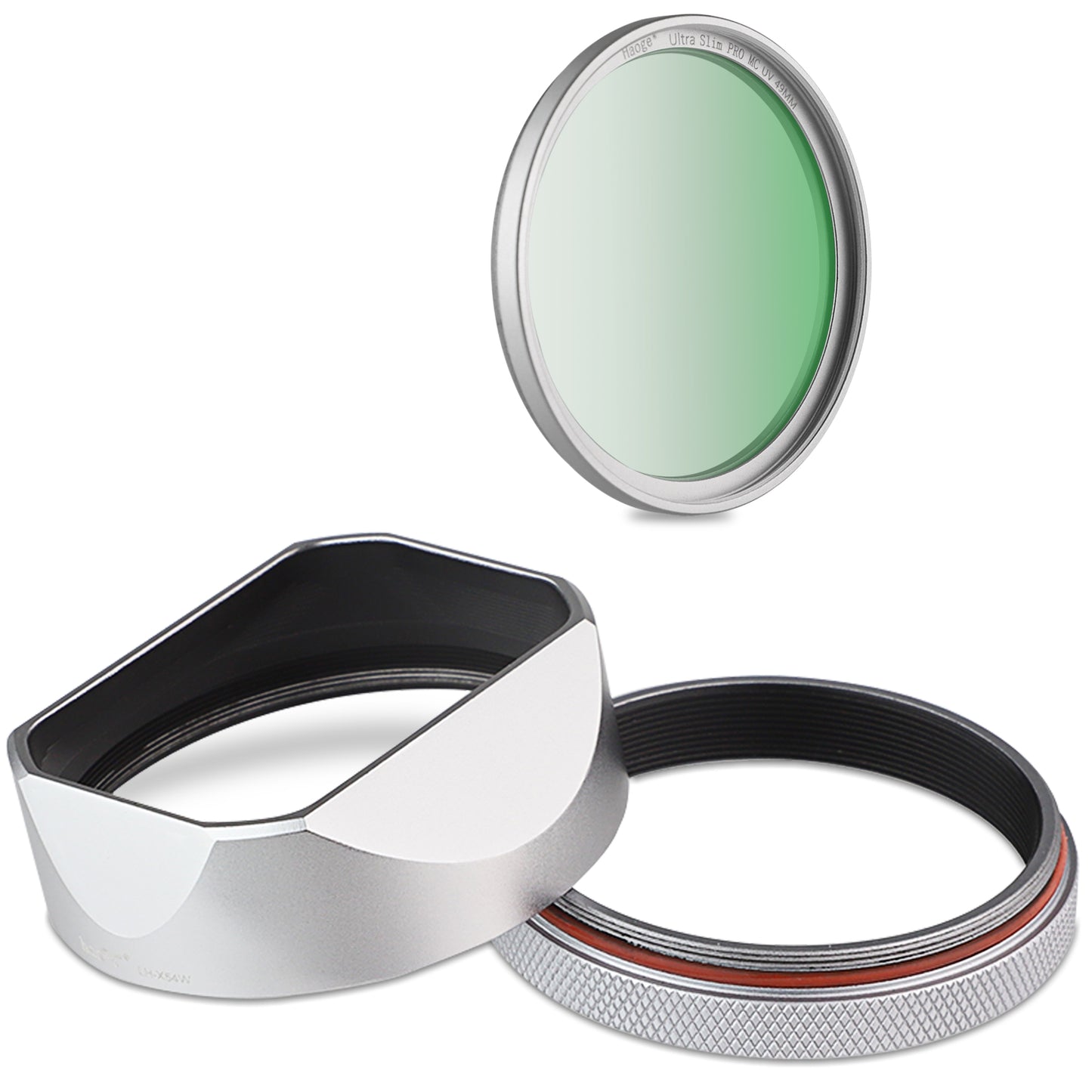 Haoge Square Metal Lens Hood for Fujifilm X100V Fuji X100VI Camera Silver with 49mm UV Filter Adapter Ring LH-X54B LH-X54W