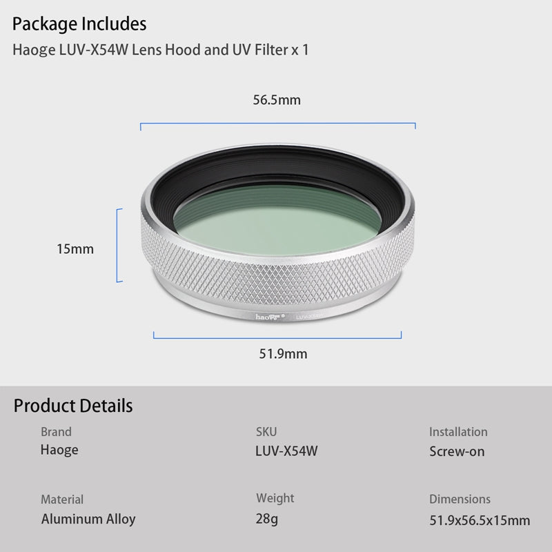 Haoge Metal Lens Hood with MC UV Protection Multicoated Ultraviolet Lens Filter for Fujifilm Fuji X100VI Camera Silver LUV-X54W