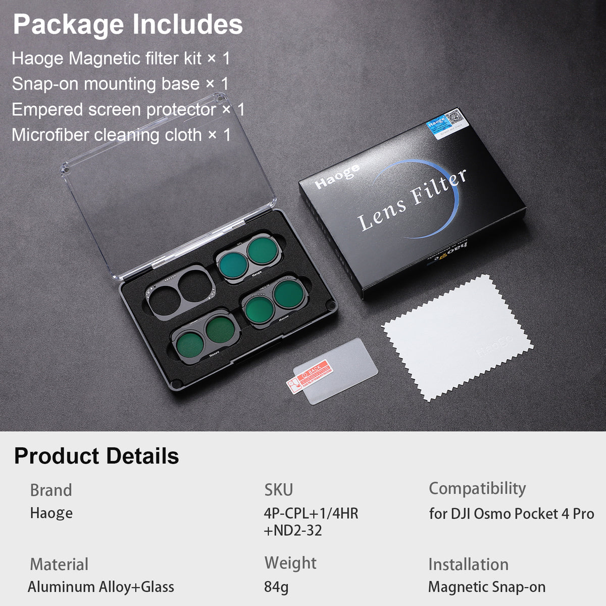 Haoge Magnetic Filter Kit for DJI Osmo Pocket 4 Pro (4P),Includes CPL Polarizer,Black Mist 1/4Filter,Variable ND Filter ND2-32,3-Pack