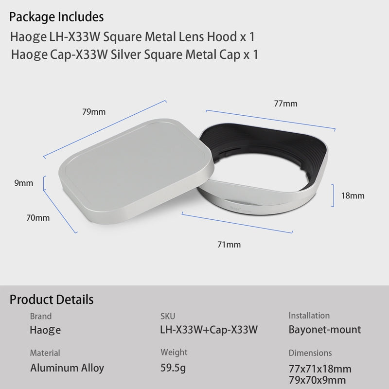 Haoge Silver Metal Square Lens Hood for Fujifilm XF33mm F1.4 R WR Lens and Fuji XF 23mm f/1.4 R LM WR lens on X-Pro3  X-T5 XT4 X-T50 X-T30 X-E4 X-H2 Cap LH-X33 Bayone