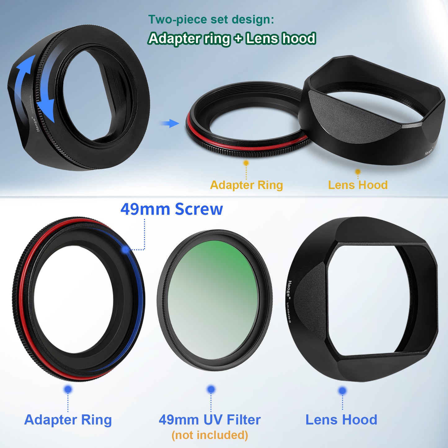 Haoge 43mm Metal Square Lens Hood for Voigtlander ULTRON 27mm F2 Aspherical Fujifilm X-mount Lens,COLOR-SKOPAR 18mm f/2.8 Aspherical X-mount Lens
