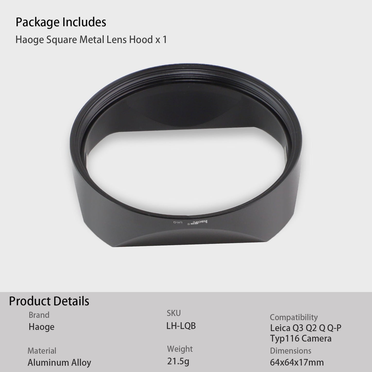 Haoge Metal Square Lens Hood for Leica Q3 Q2 Q  Q-P QP q3 Typ116 Camera Accessories Black LH-LQB